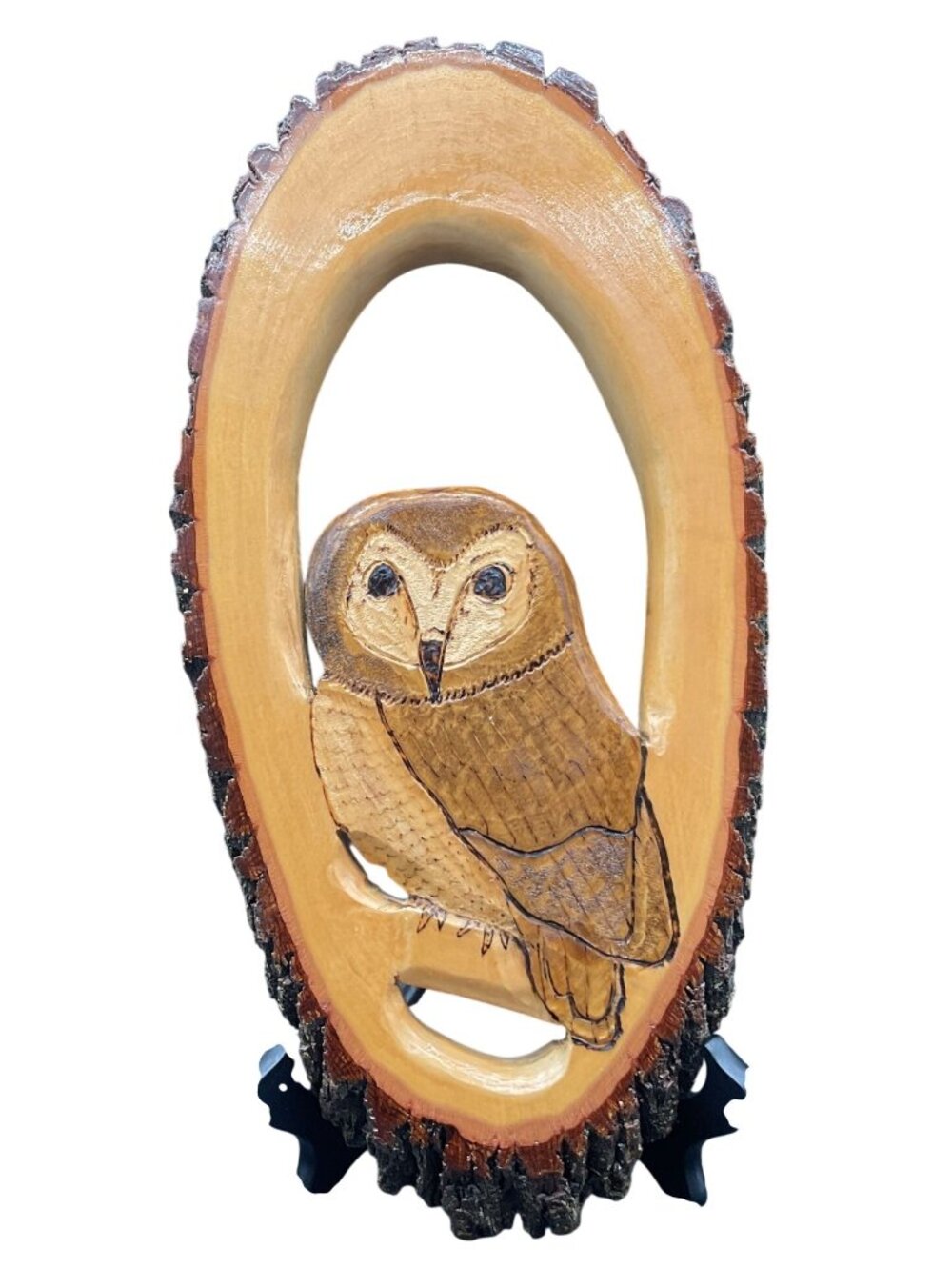 Hand-Carved Wooden Owl Decor With Bark Trimmed Oval Frame Rustic Wildlife 16 x 8
